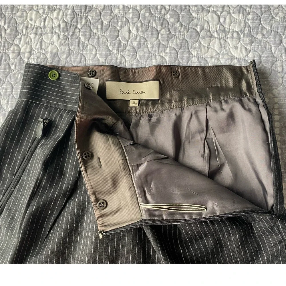 Paul Smith Wool Black Lined Pinstripe Skirt Pockets Buttons Size 42 (US 4/6)